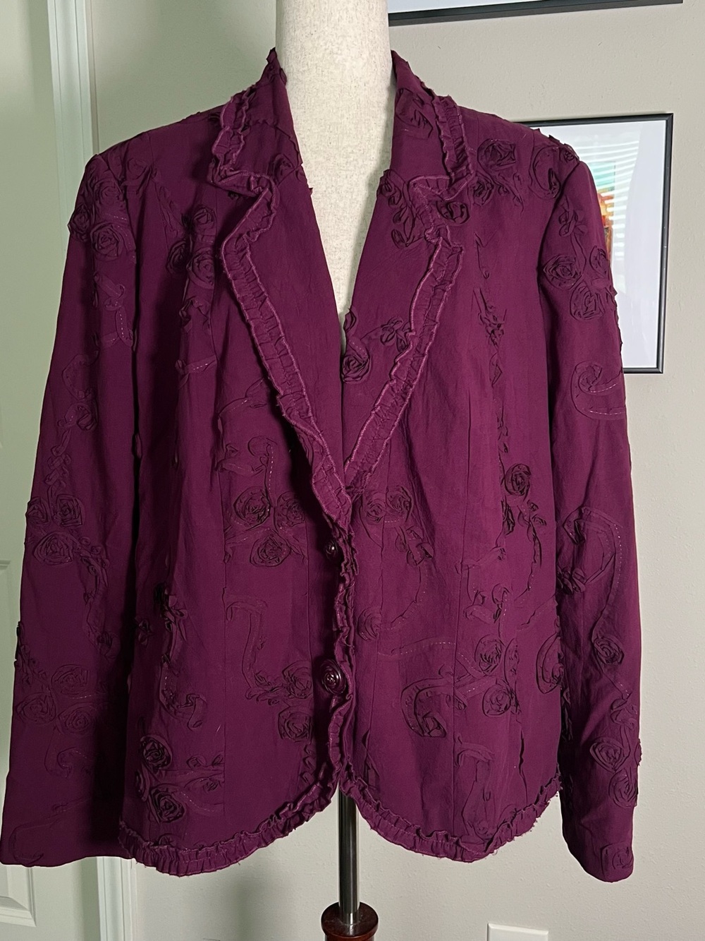 CJ Banks Plum Ruffled Notch Collar Lined Blazer